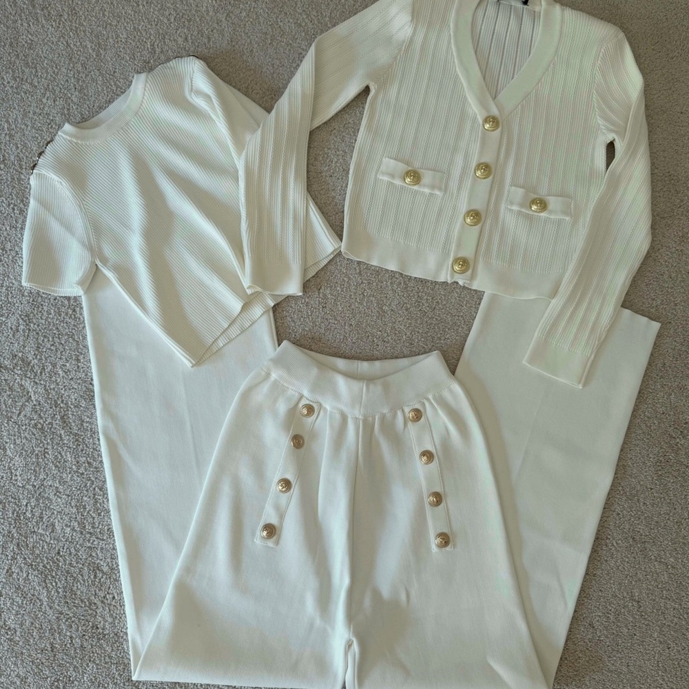 Elegant Cream Women's knit Pant, Top and Cardigan Set. 3 pieces.
